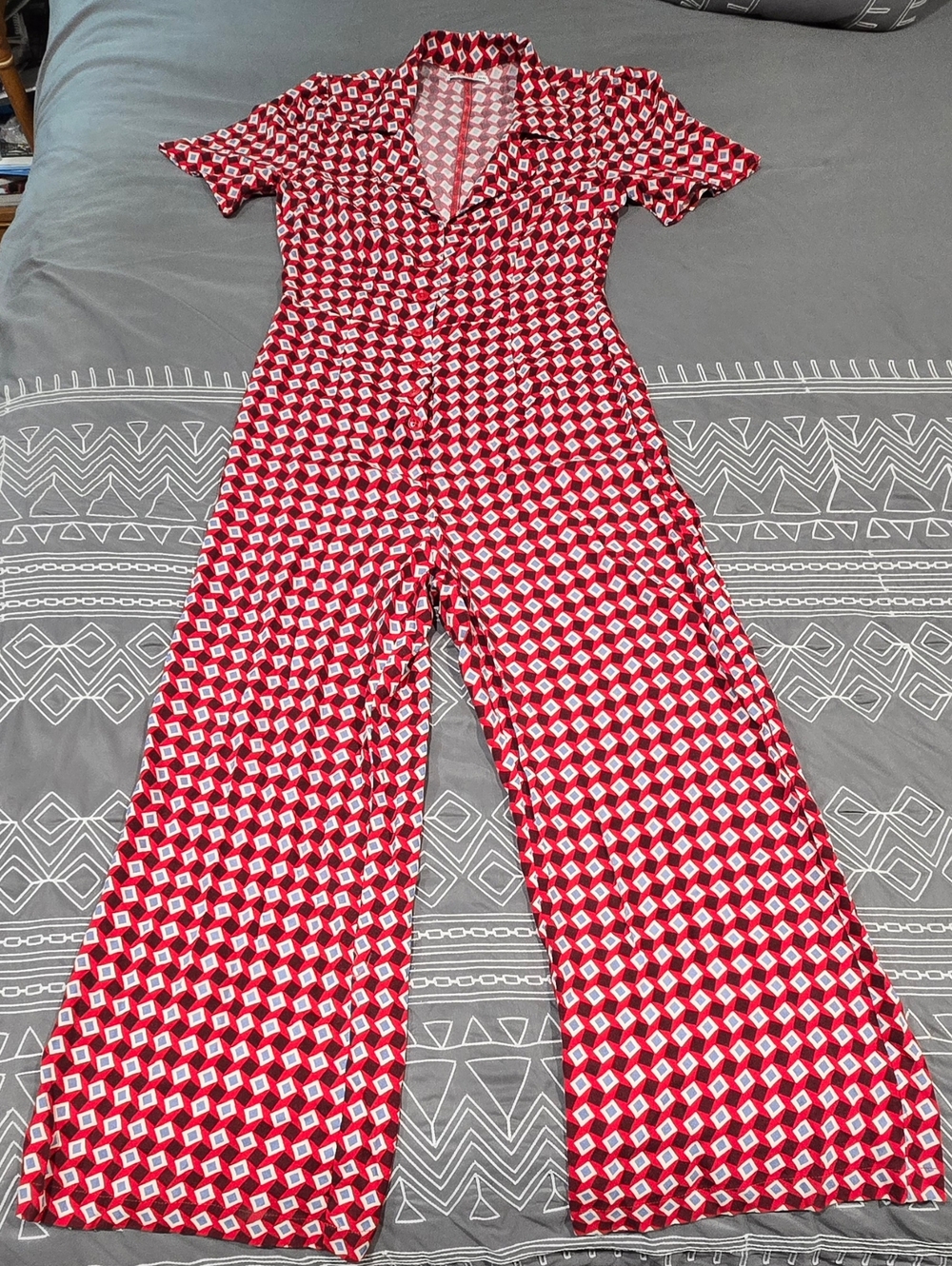 Reformation Red Geometric Short-Sleeve Jumpsuit